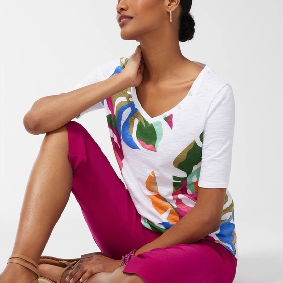 Chico’s Palms Button Detail Cotton Slub Tee 2/L White Blue Pink Colorful Spring - Picture 7 of 8